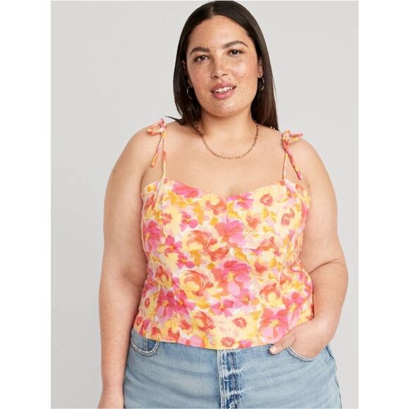 New! OLD NAVY Fitted Linen-Blend Tie-Shoulder Floral Cropped Cami Top NWT Sz XXL - Picture 1 of 8